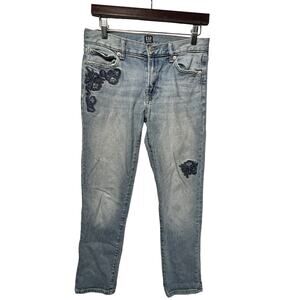 Gap Floral Embroidered Girlfriend Denim Jeans Bright Indigo Blue Size‎ 25